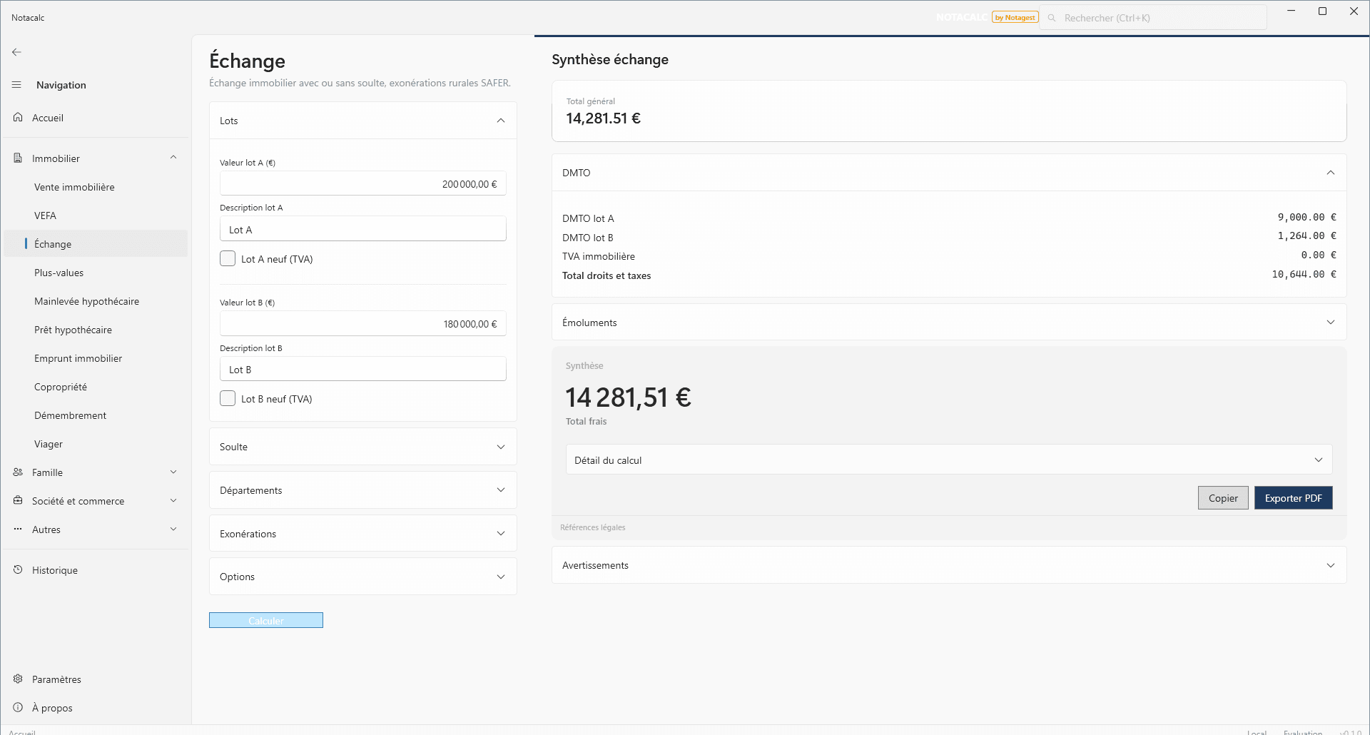 Calcul d'echange immobilier